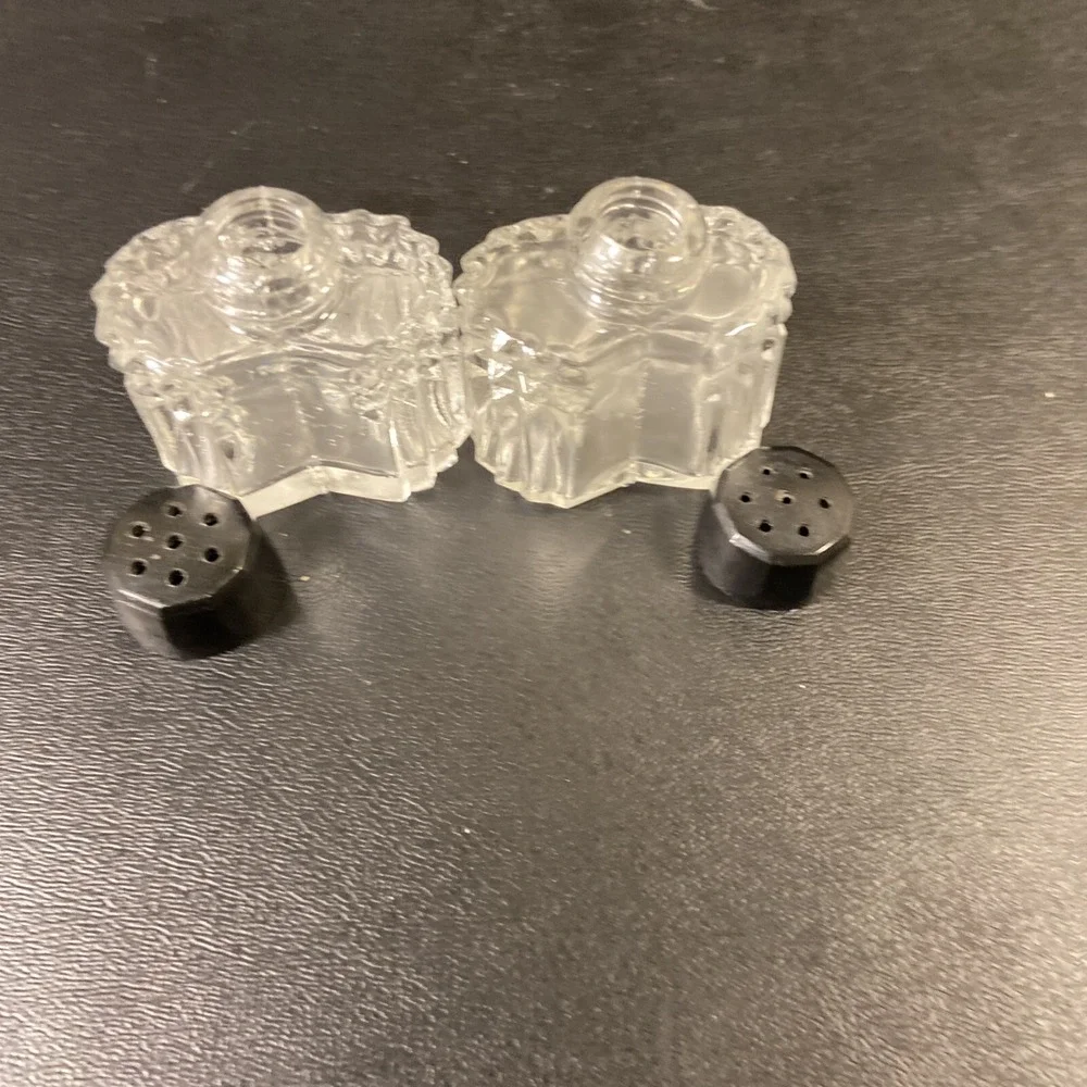 Vintage Salt & Pepper Shakers Retro Diamond Point Clear Black Tops Japan MCM